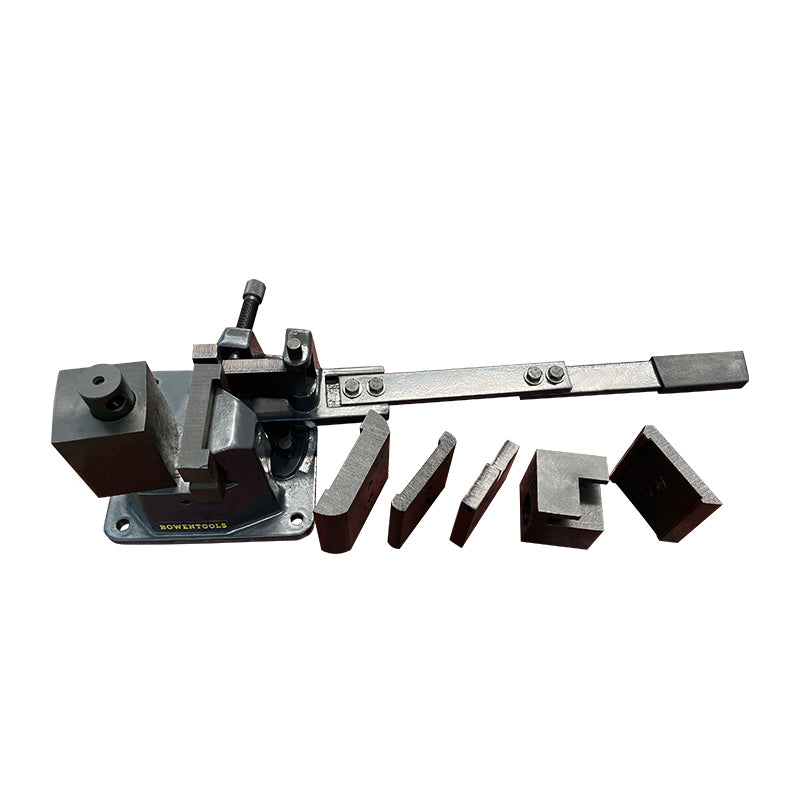 Industrial UB-100 metal bender has a rigid body made of cast steel.  ensuring safe and reliable operation. It also includes multiple radius dies bends up to 120°, and there are 5 sets of different angle/radius dies included