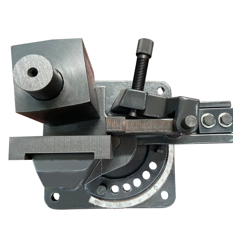 Industrial UB-100 metal bender has a rigid body made of cast steel.  ensuring safe and reliable operation. It also includes multiple radius dies bends up to 120°, and there are 5 sets of different angle/radius dies included